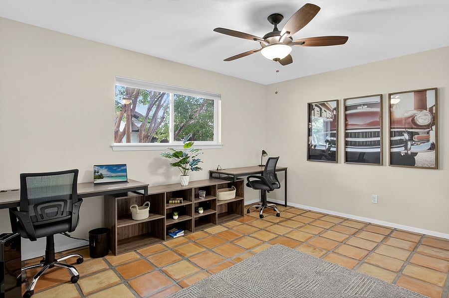 Dedicated Office Space
+Two full-size desks
+Ergonomic chairs
+Secondary monitor
+Ceiling fan
+Workout space with dumbbells
+Area for inflatable double bed