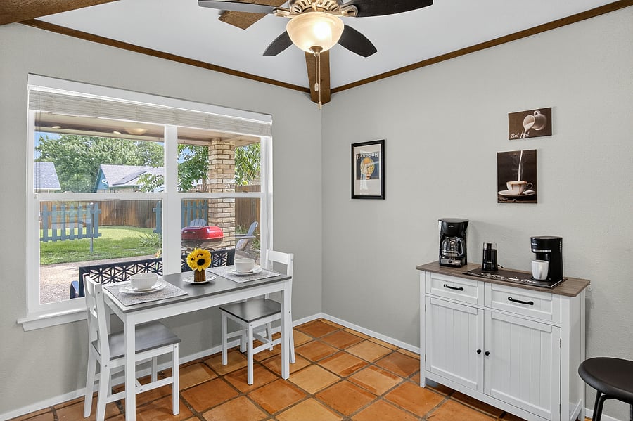 +Coffee bar with drip and Keurig
+Kitchenette dining table
+Bar seating
+Ceiling fan