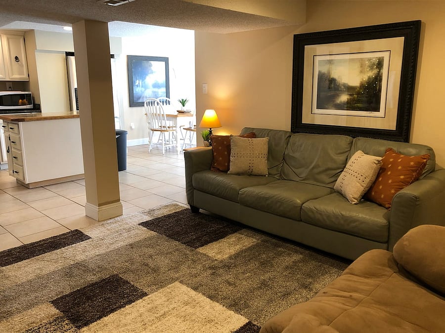The living room, kitchen and dining area share an open floor plan.