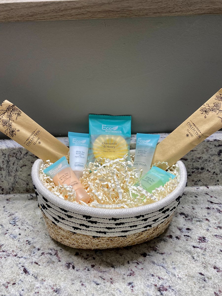 Bar Soap, Shampoo, Conditioner, extra tooth brushes. 