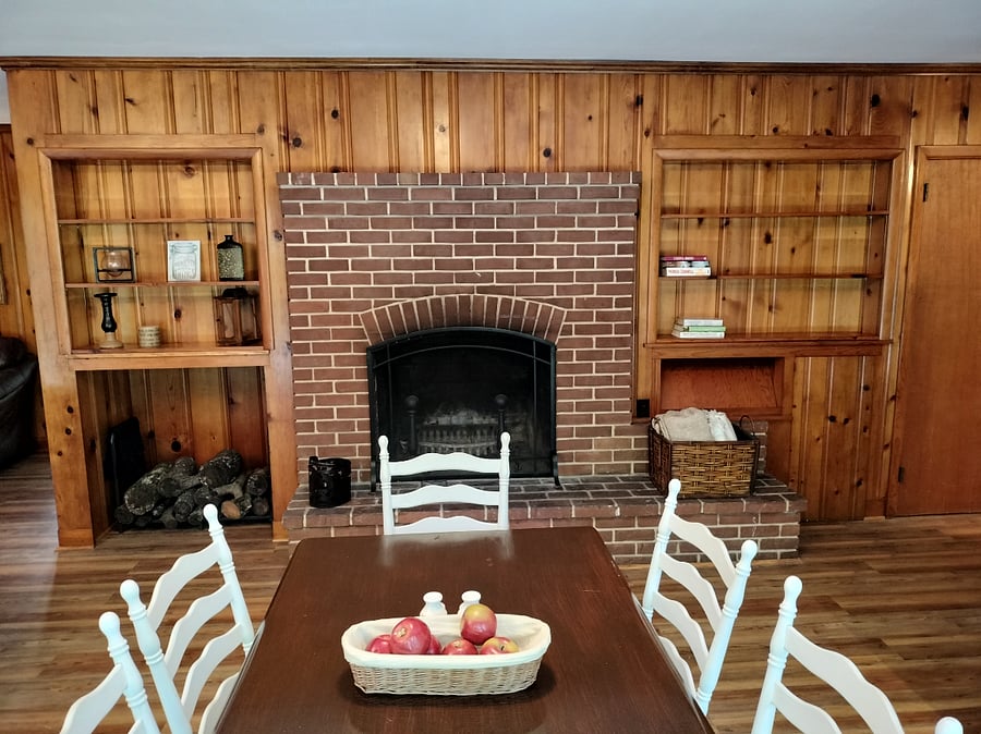 Fireplace view from dining table