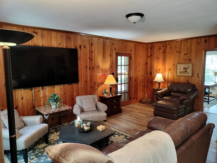 Den as viewed from dining area (75" TV)