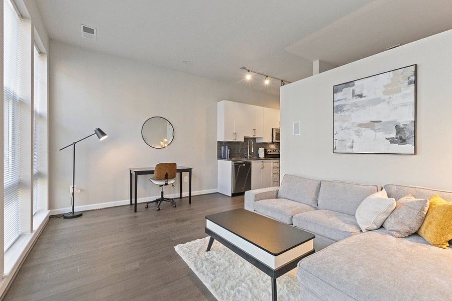 Convertible dining room/office space (as shown). Living room console has open top that becomes a laptop desk as well.