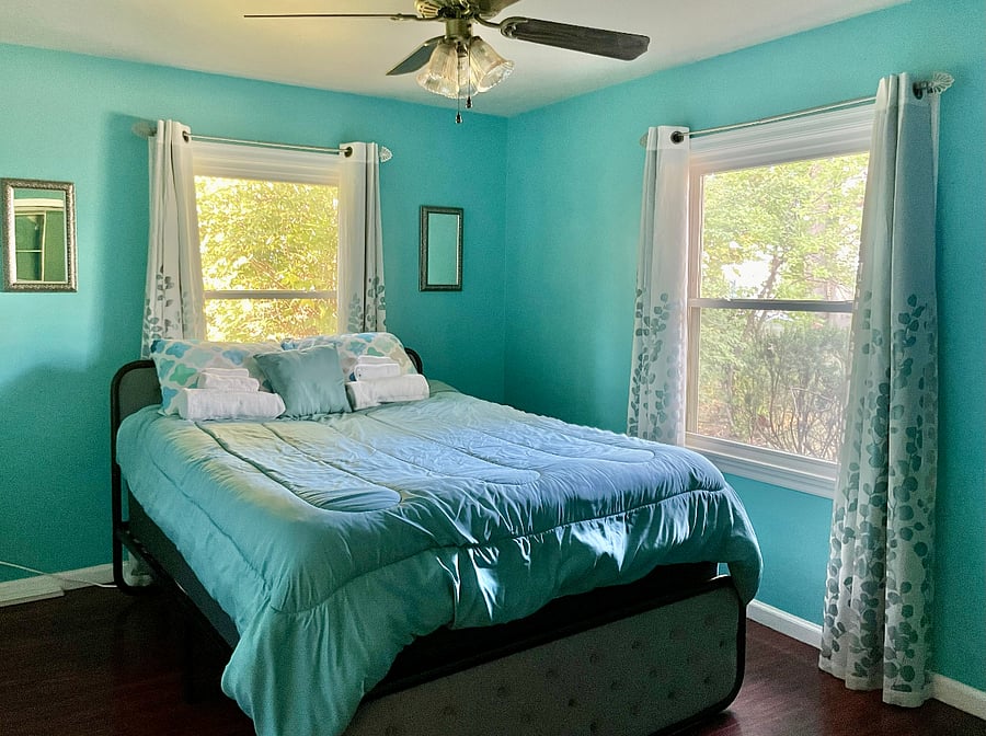 Bedroom 1: First Floor, Queen with two closets and two dressers, Large-Screen TV.