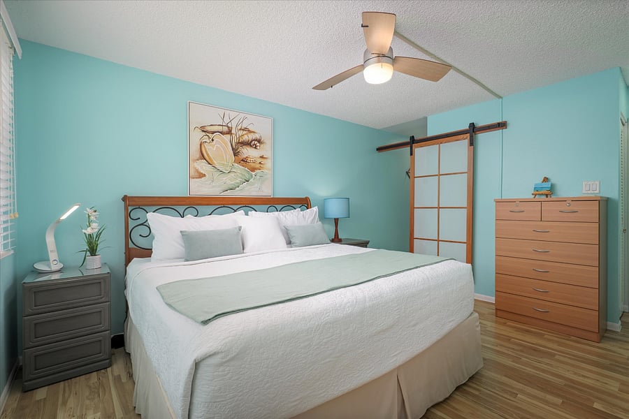Primry King Bed and Hallway to Bathroom