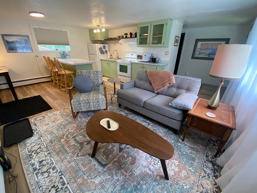 Open kitchen, dining bar and living room