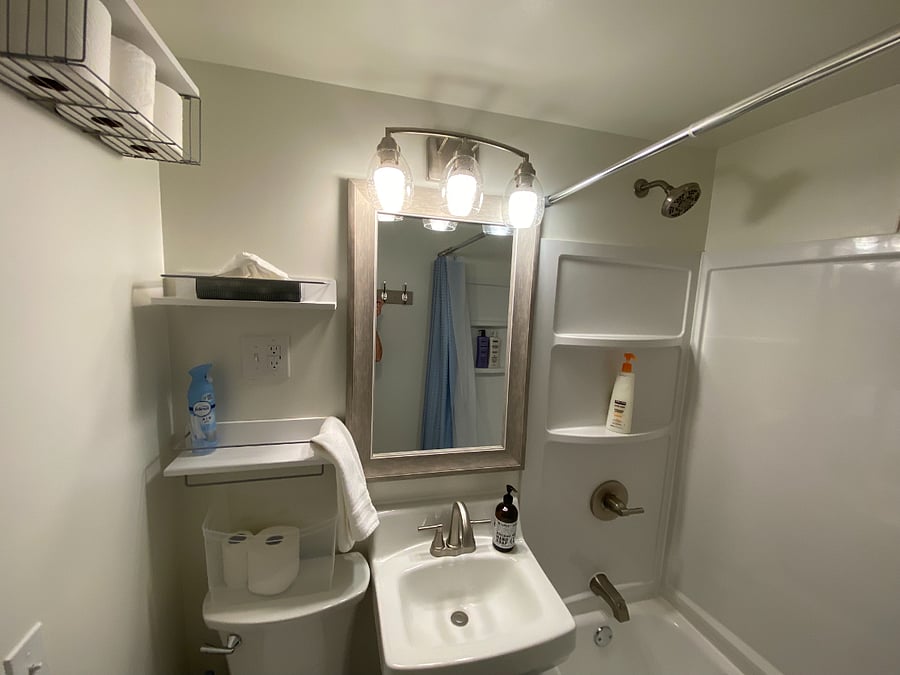 Bathroom, good lighting, shelving
