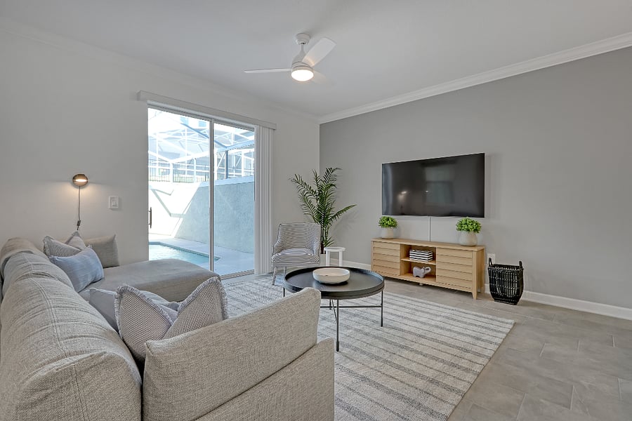 Cozy sectional for movie nights and a reading nook. Family-style open living space for gathering and relaxing