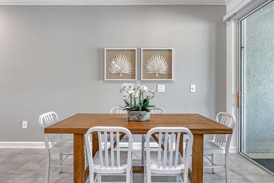 Dining for six plus spacious kitchen island seating. 