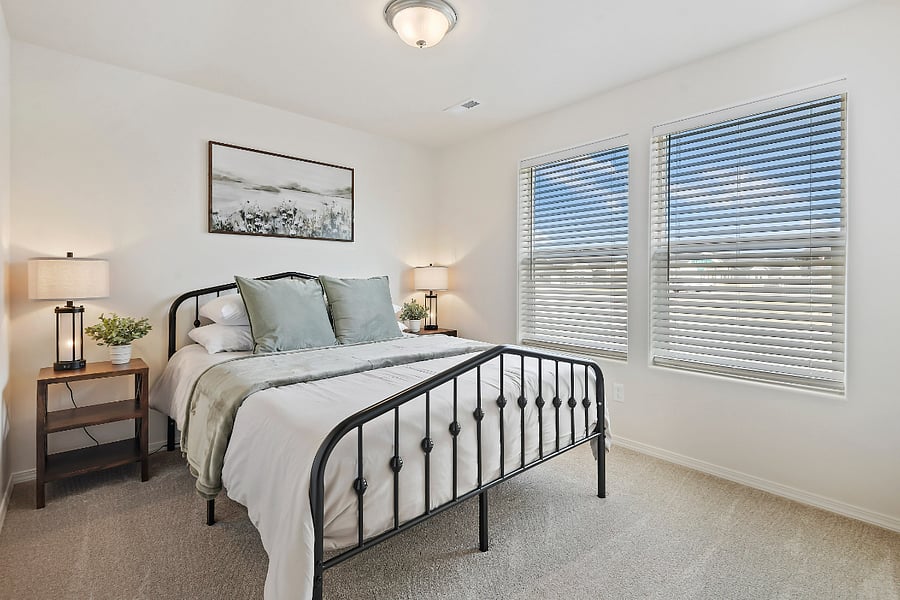 Bedroom 2. Queen bed with memory foam cooling mattress. white sheets and touch activated lamps with usb plugs