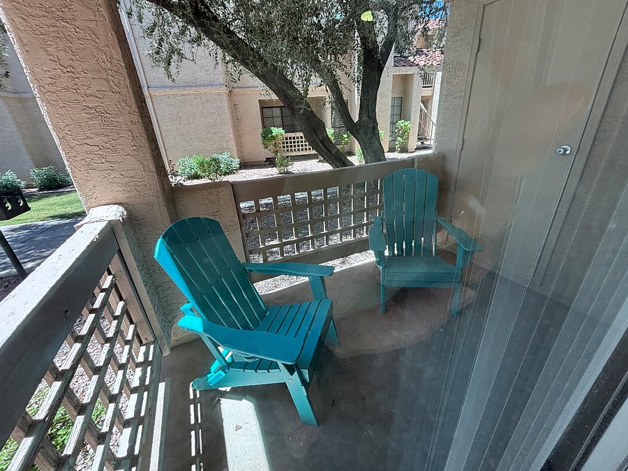 Patio with seating for 2.