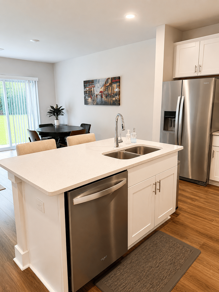 Large kitchen island with plenty of counter space & seating