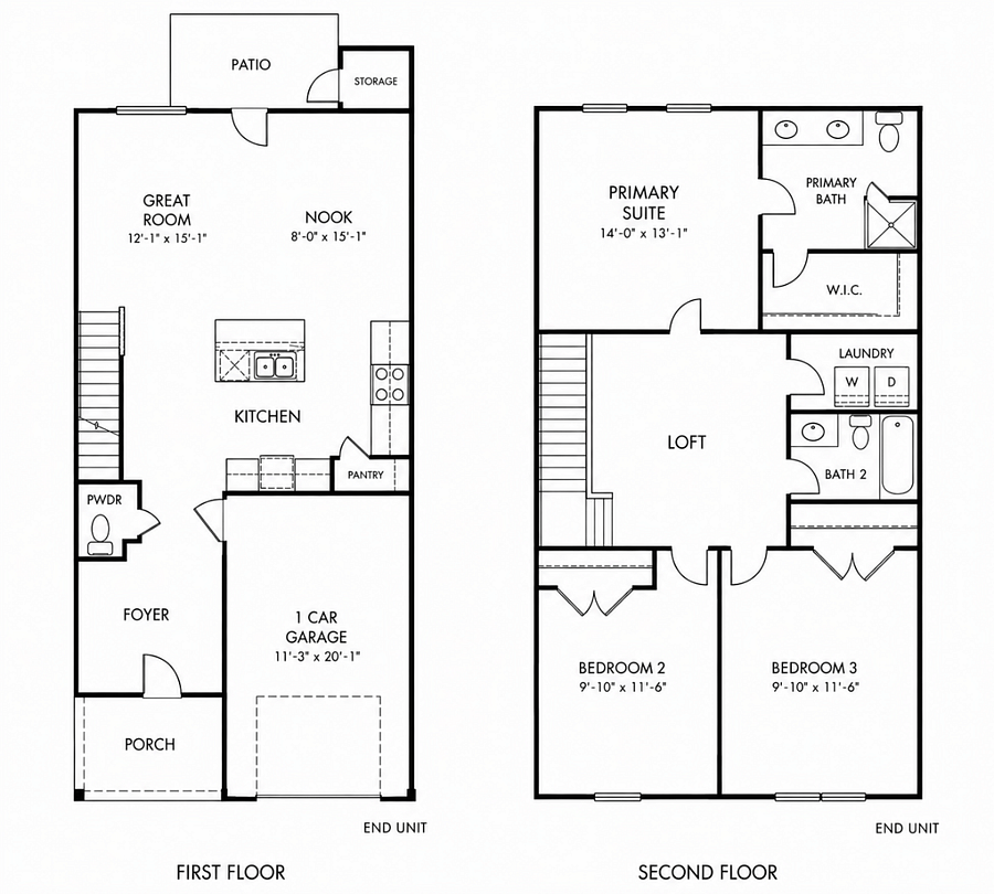 3-bedroom, 2.5-bath end-unit layout with upstairs loft & attached garage