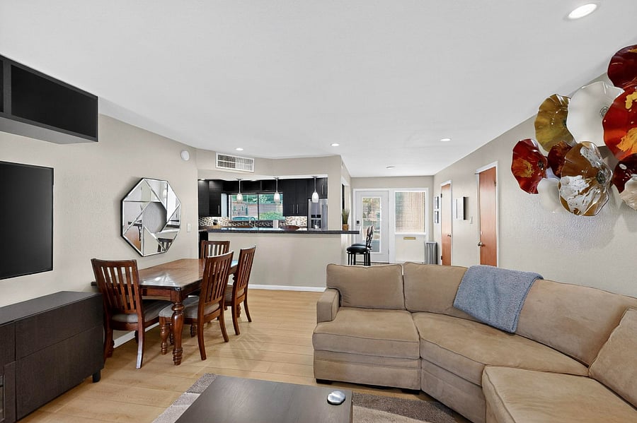 Comfortable living room with Smart TV, table