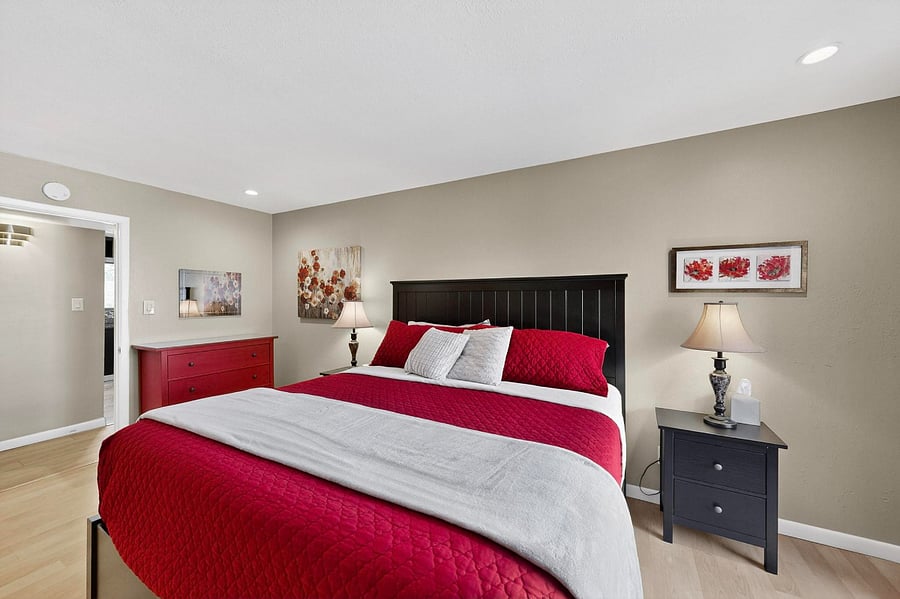 Second bedroom with king bed, Smart TV, walk-in closet, access to back yard