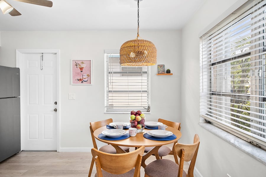 Enjoy the bohemian vibes of the 4-person dining area or head out through the kitchen exit to enjoy a 2-person meal al fresco in our quaint side patio.