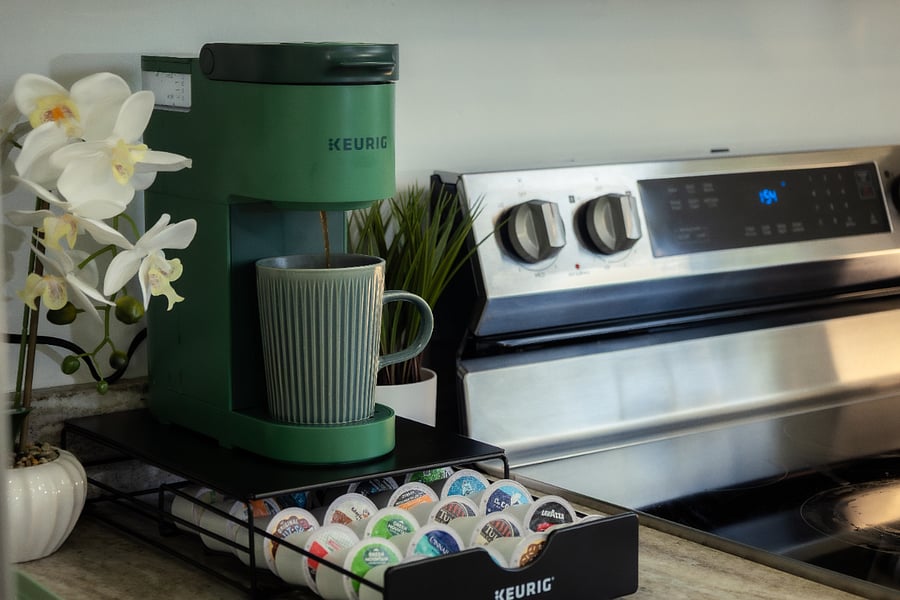 Morning coffee is ready. Enjoy a complimentary cup from the Keurig.