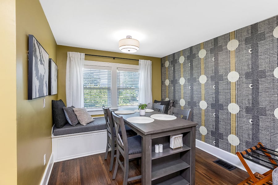 Bar-height table and cozy window seat
