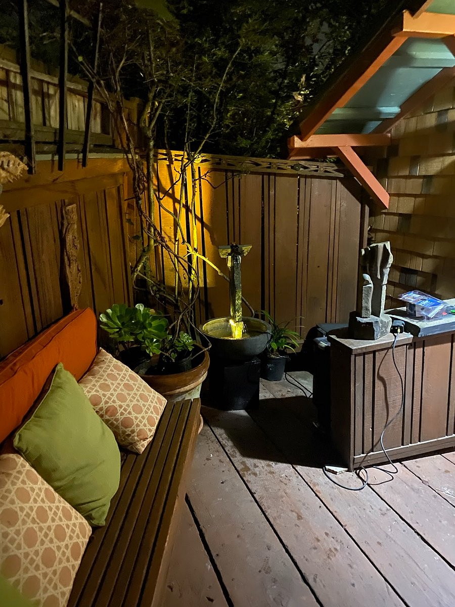 Patio and entrance to studio with water feature (built by owner)