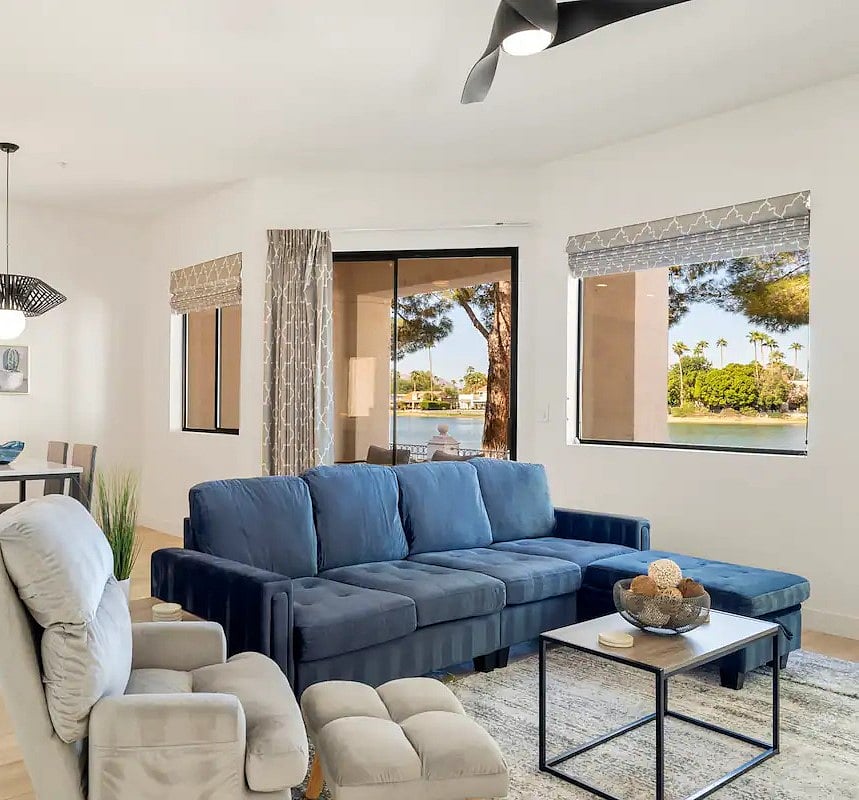 View of living room and lake from the front door.