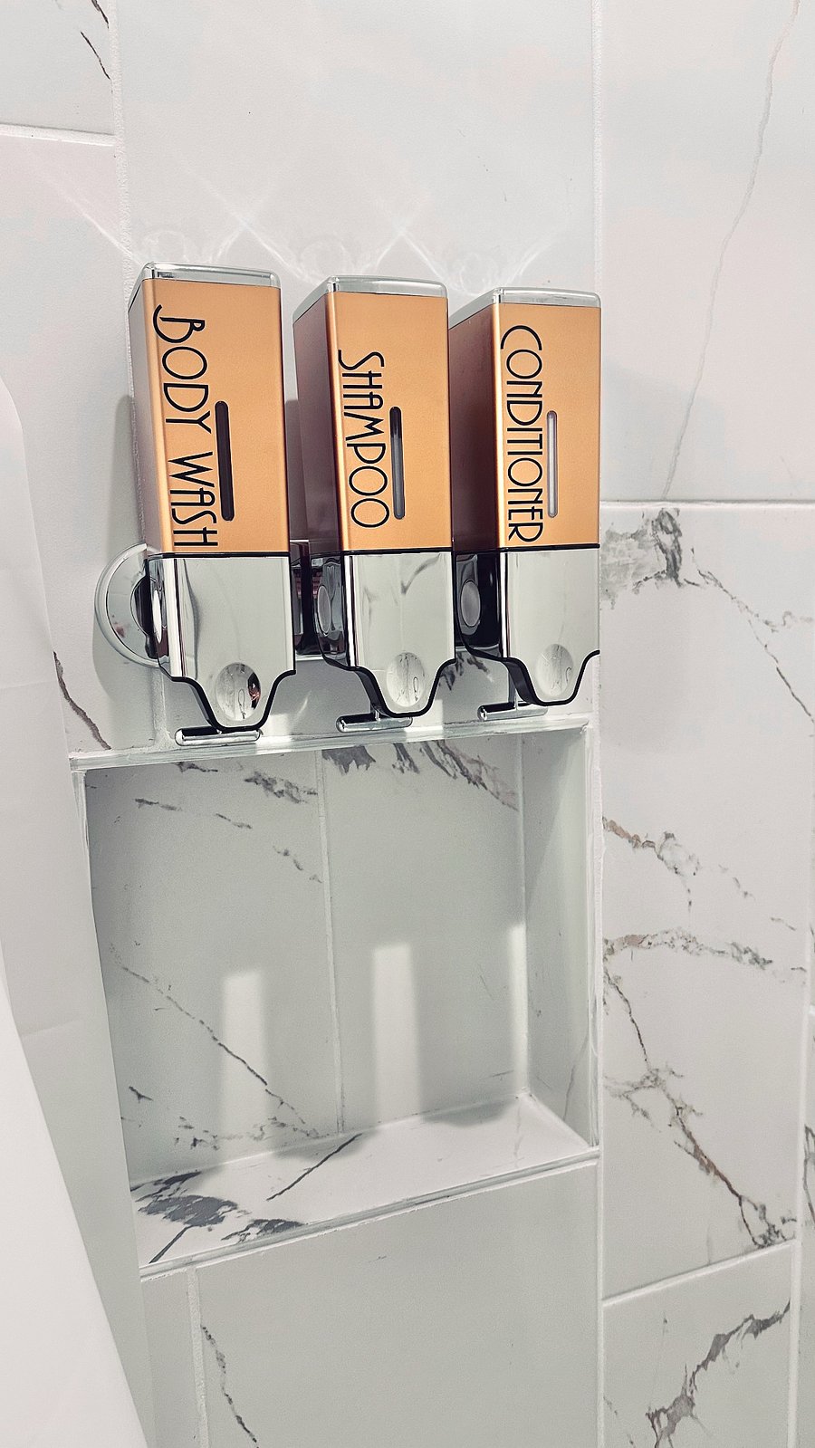 Refillable shampoo, conditioner, bodywash dispensers 