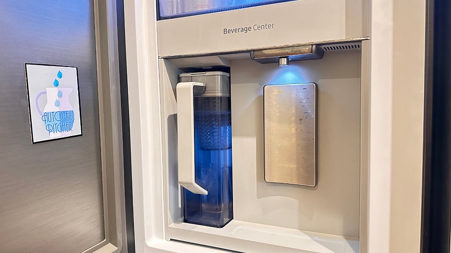 Seriously convenient auto-refill water pitcher in the "secret beverage center"