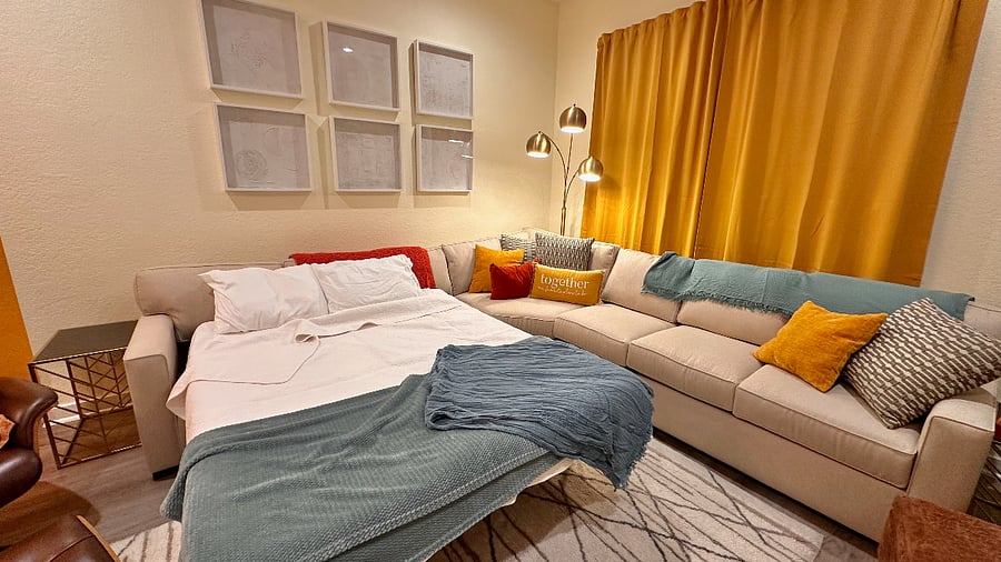 Guests have a Queen sleeper sofa pre-made with 100% cotton sheets and a quilt.  Extra pillows are found in the tv console, and blankets in the ottoman.