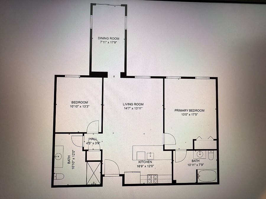 Floor plan. Balcony is off the den.