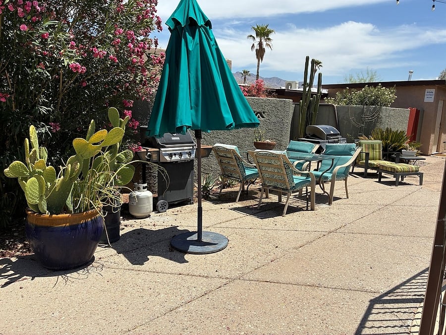 Outdoor dining area with grills.