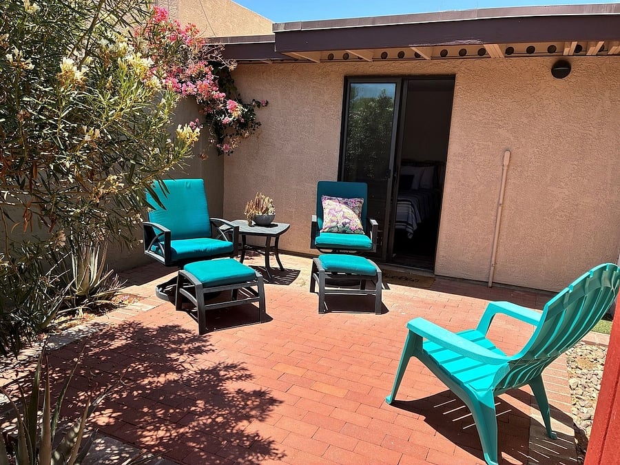 Back patio looking toward bedroom sliding glass door.
