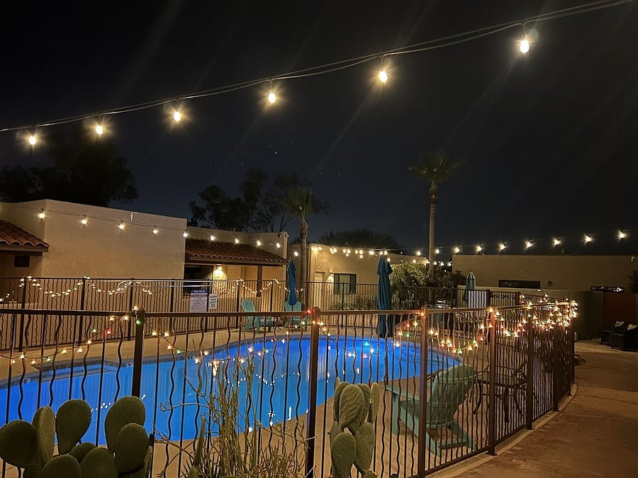 Pool area at night.