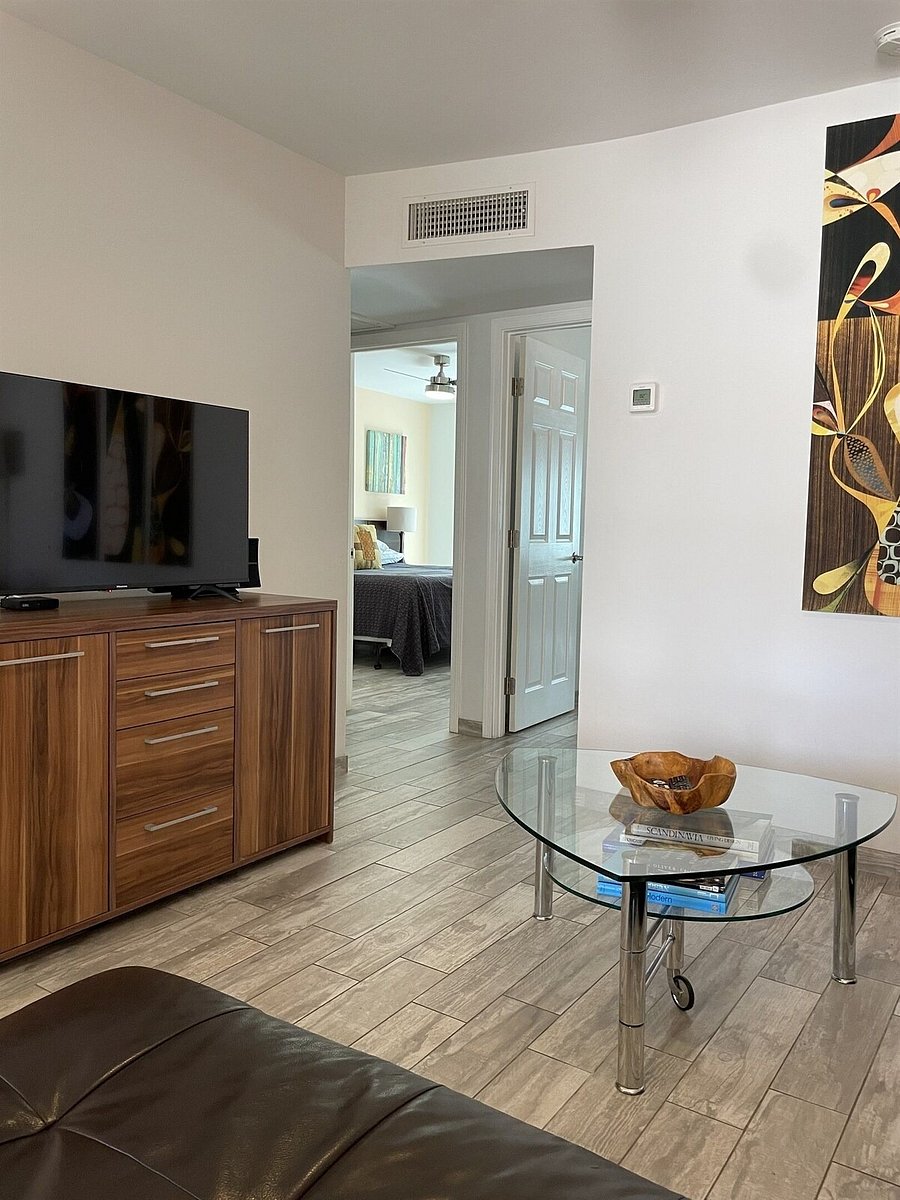 Two bedrooms and one bath, hall closet and linen closet are beyond living room area.
