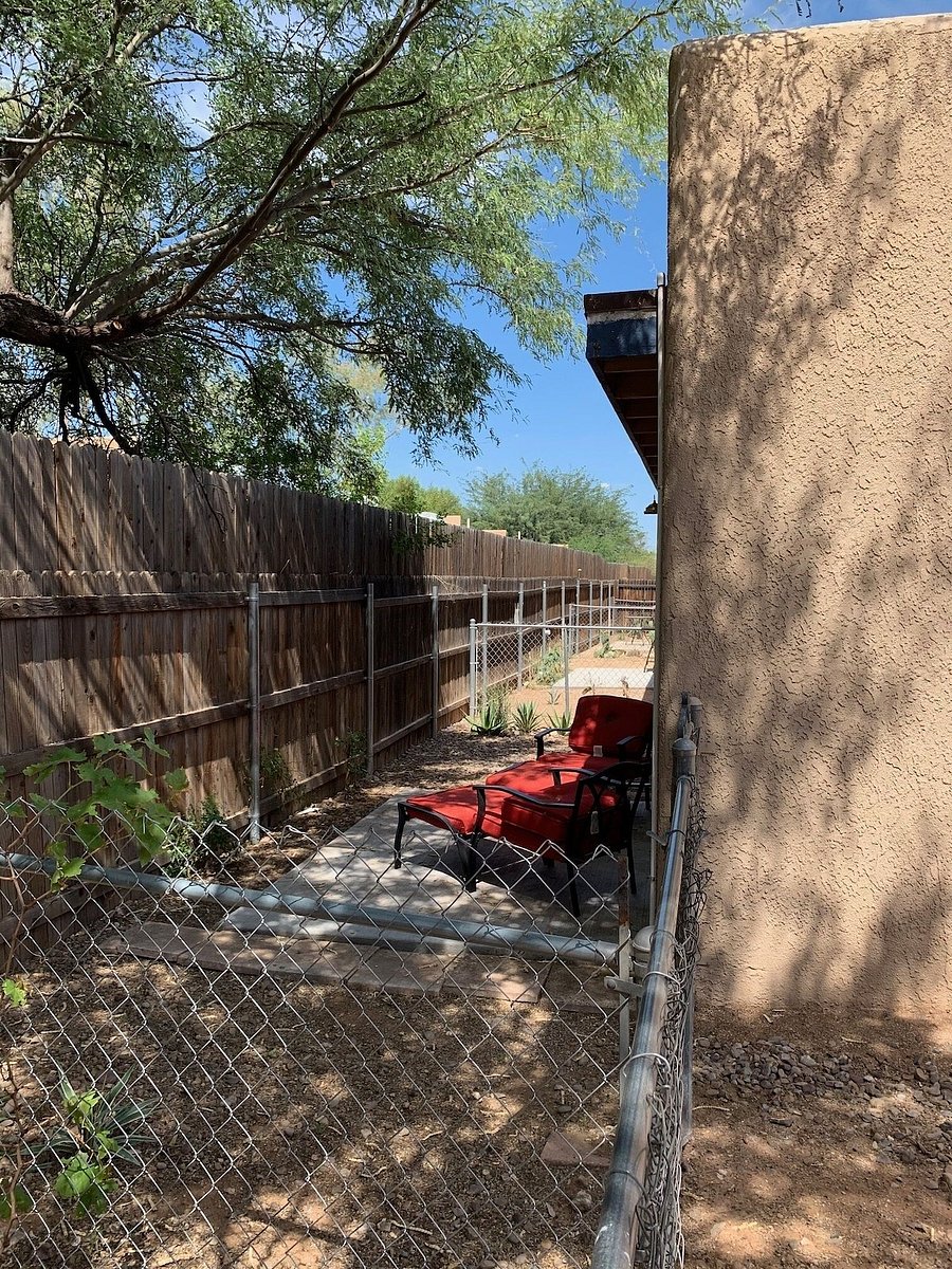 Small, fenced in backyard.