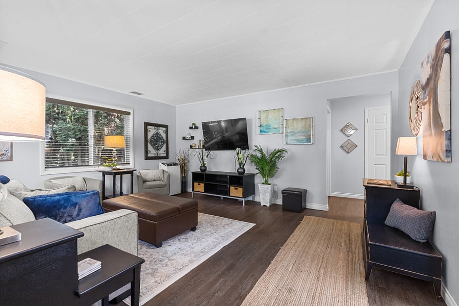 Living room with pull out couch and ottoman also pulls out