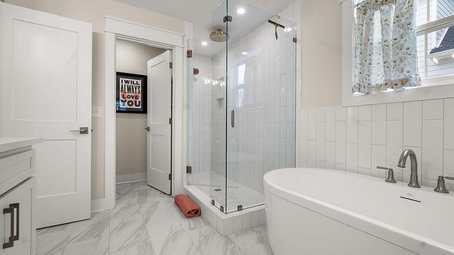 Second Floor Primary suite with view of Water Closet - night lights, floor mats, designer weight towels and bath sheets 