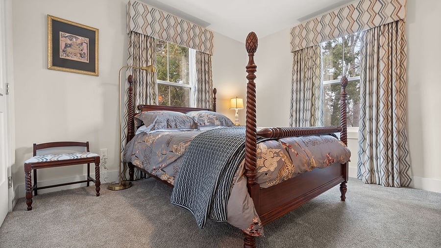 Full Size Bedroom on Second Floor with custom made blackout curtains, Custom Bedding by Williams Sonoma,