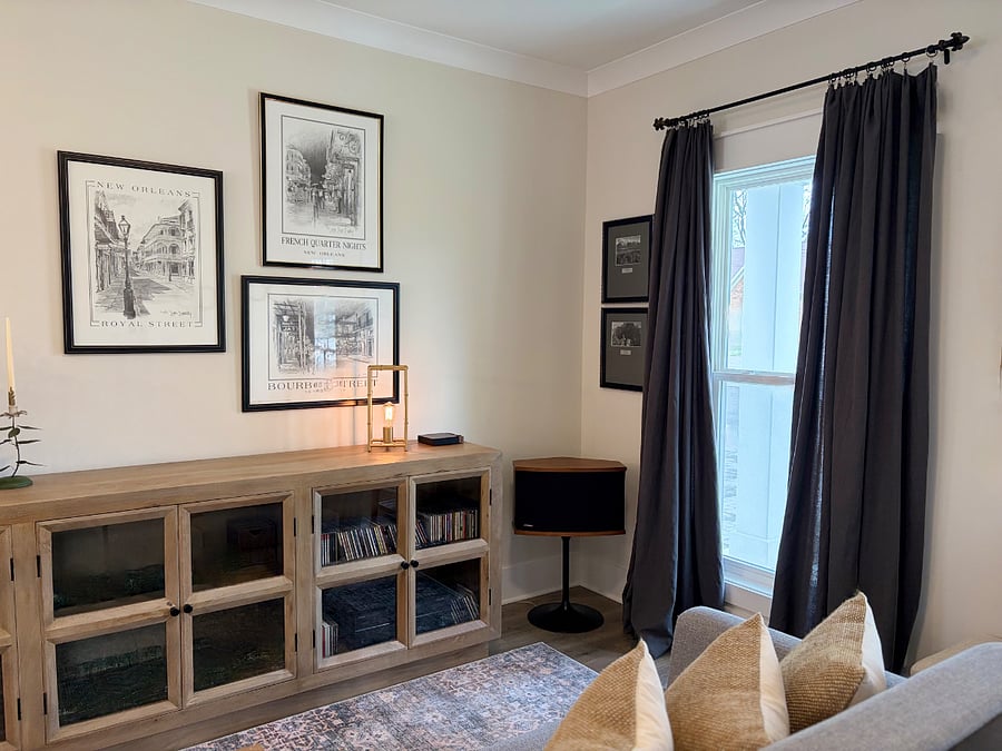 Front Room, Main Floor, Light filtering privacy drapes by Restoration Hardware
