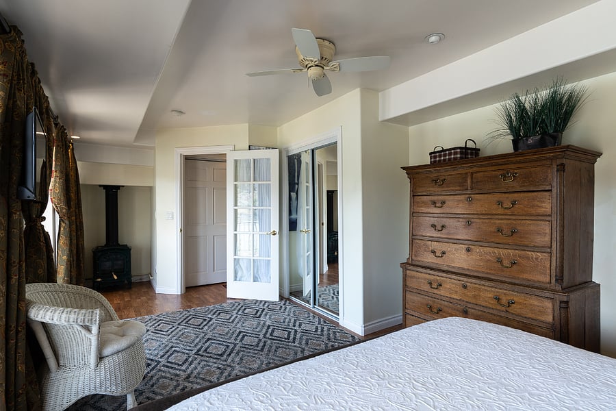 Downstairs bedroom off the lower deck complete with tub toilet and sink and fireplace