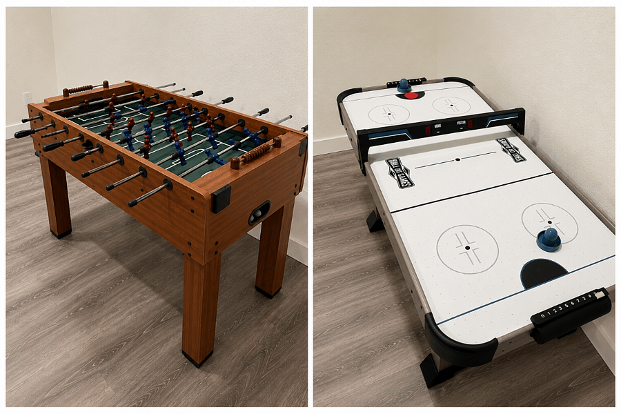 Foosball Table and Shuffleboard in Entertainment Room