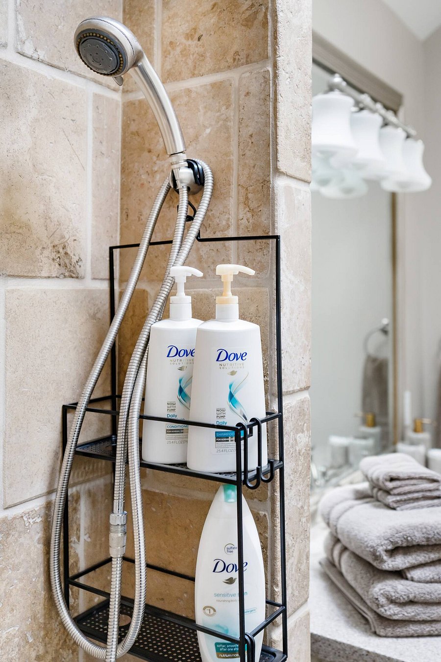Shower spray handle for dual shower head in ensuite master bathroom
