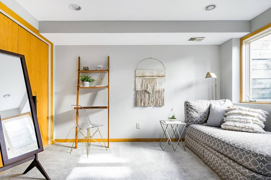 Lounge and desk space in northeast basement bedroom