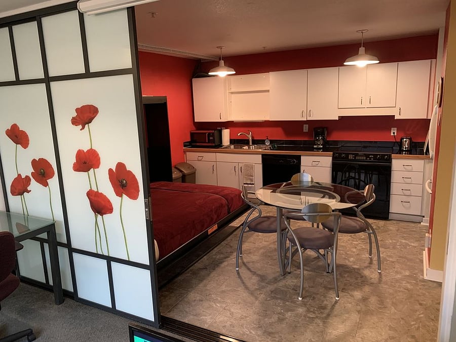 Lower-level full kitchen with Murphy bed down and divider partially closed.