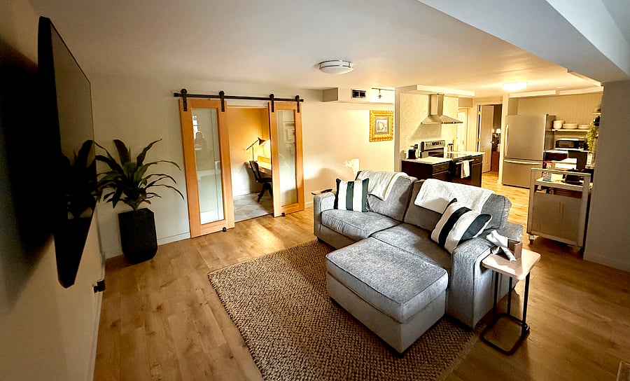 Living room, office and kitchen