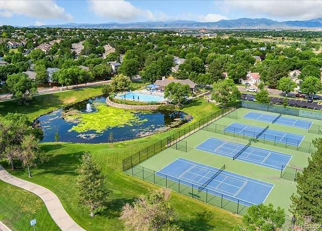 Aerial view of pool and tennis courts