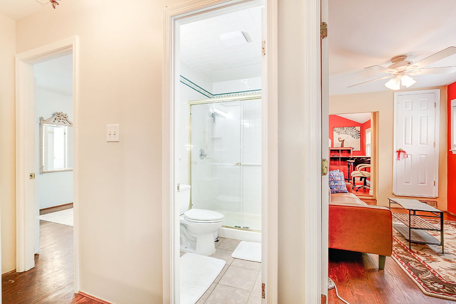 Left to right, your master bedroom, guest bathroom, family room/office.