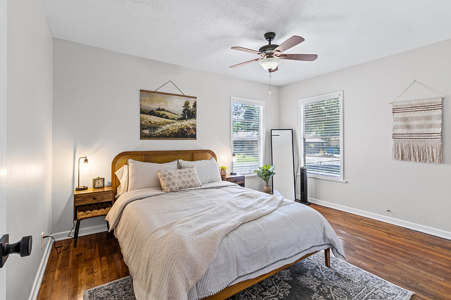 Comfortable Primary fully furnished with quality linens and storage.