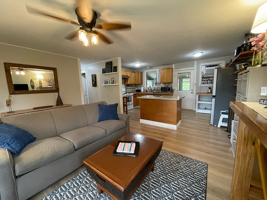 Open concept kitchen and living room. Watch TV while you prepare dinner.