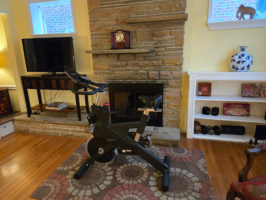 Another view of living room shows the big monitor for your streaming, shelves, exercise bike and free weights. There is a comfy sectional couch and lots of natural light. Fireplace is non-functional.