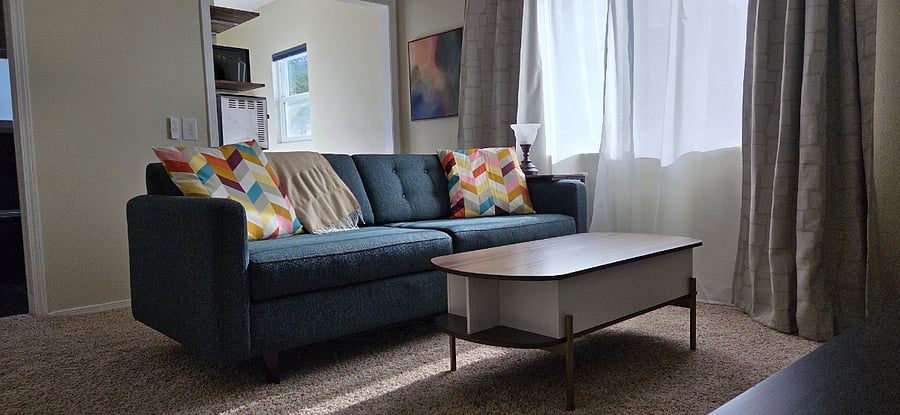 Living room: comfy 3-seater couch and a lift-top storage coffee table