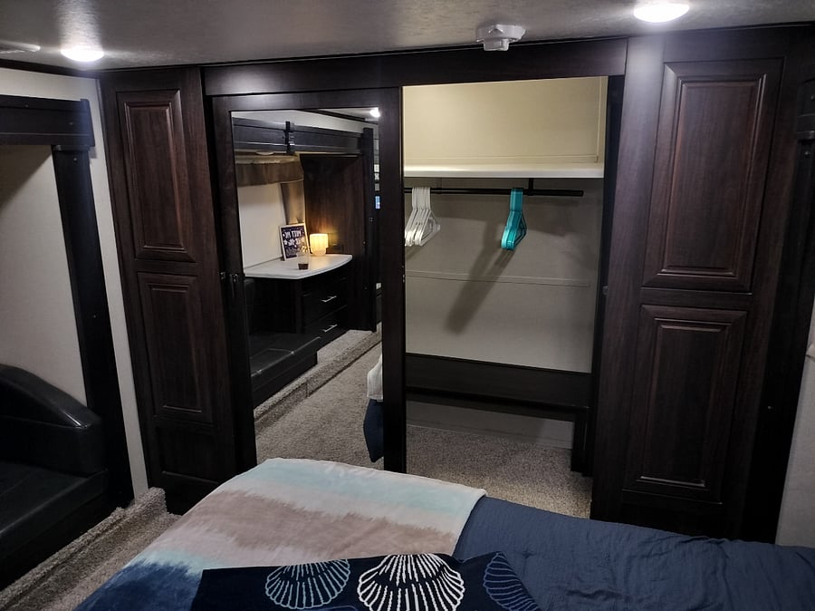 Large closet. Under bed storage and drawers. 